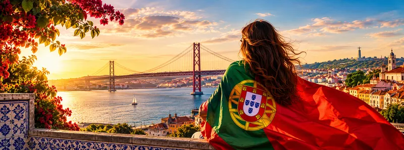 Sunset over Lisbon and the Tagus, with the 25 de Abril bridge and a listener wrapped in the Portuguese flag